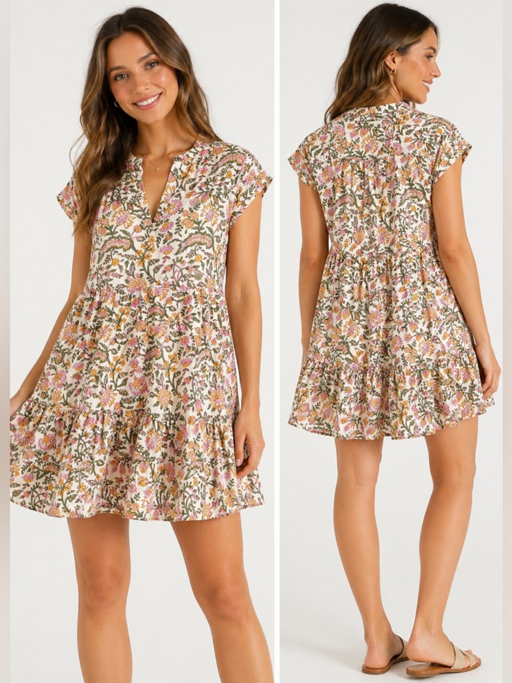 Madison Mathews Folly Floral Tiered Mini Dress Cotton Sz M - Picture 2 of 9